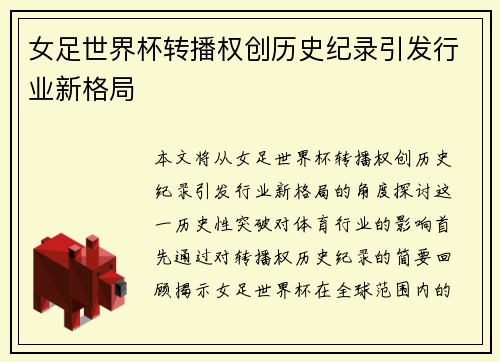 女足世界杯转播权创历史纪录引发行业新格局 女足世界杯转播权创历史纪录引发行业新格局